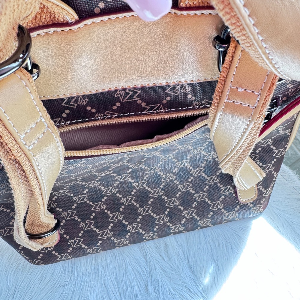 Brown Backpack With Geometric Pattern And Leather… - image 3